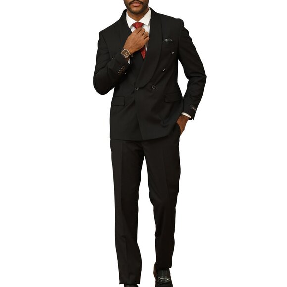 Solid Black Double Breasted Shawl Lapel Tazzio Skinny Fit Men's Suit
